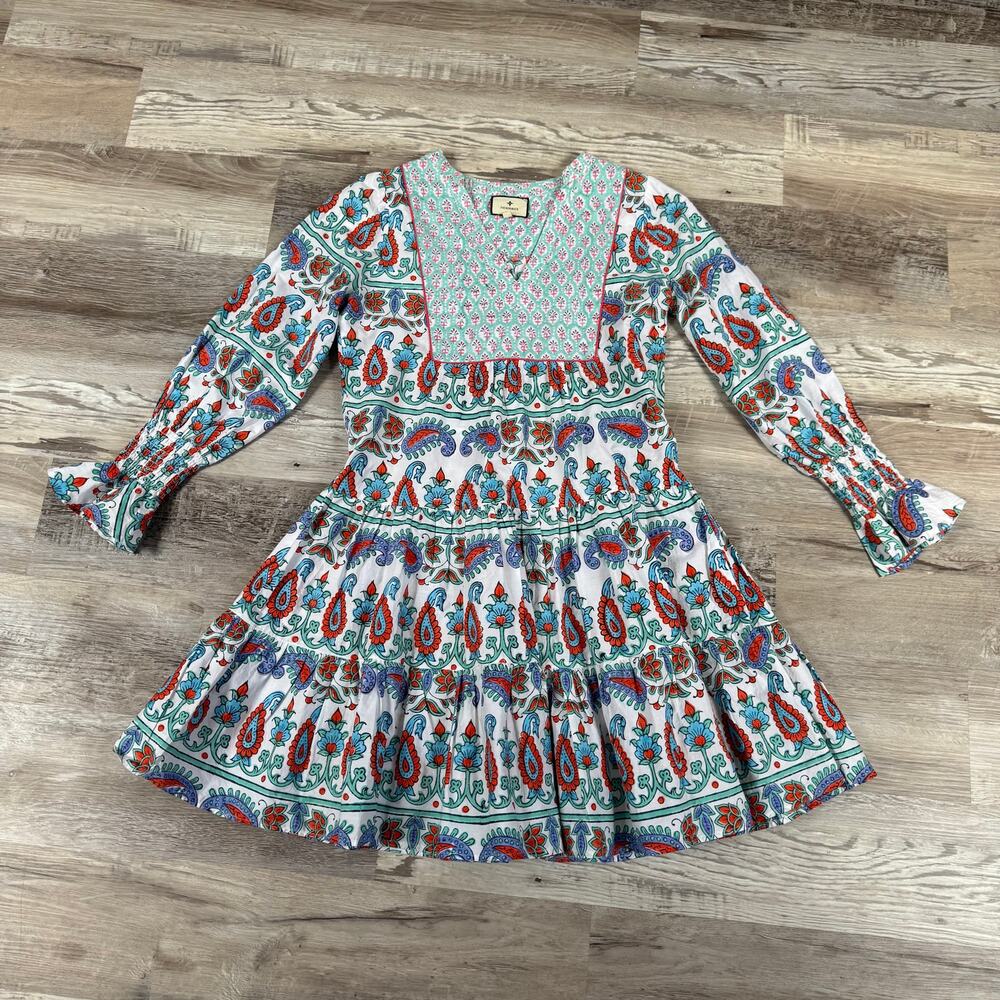 Tuckernuck Cotton Paisley Mini Dress Blue Red Boho Coastal Chic XS